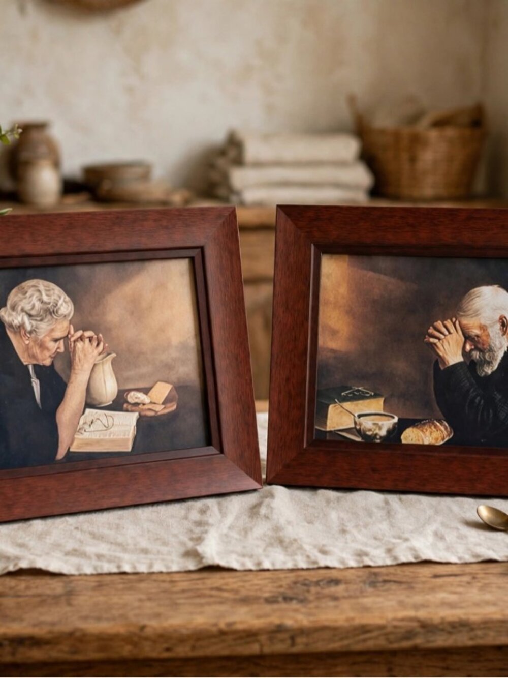 Vintage Grace and Gratitude Framed Canvas Print Set - Praying Couple, 13x11